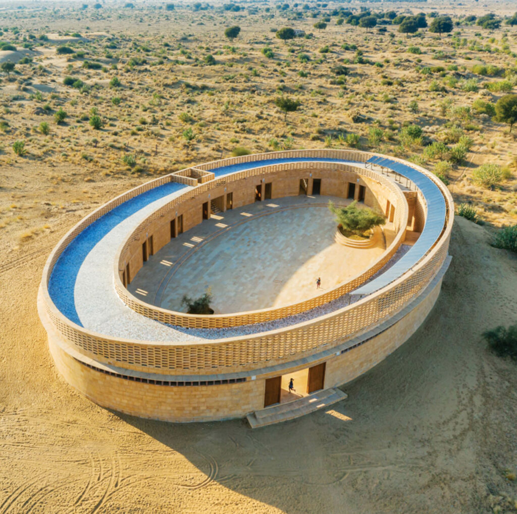 An overhead view of a oval-shaped school in India