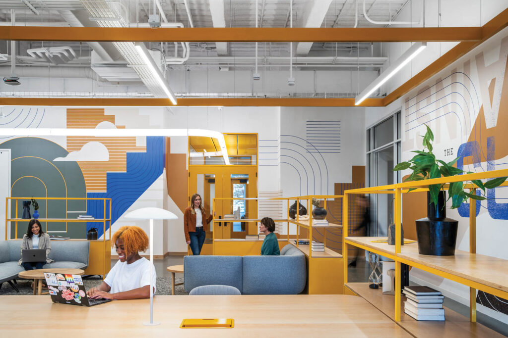 Bright yellow and blue furnishings in the LinkedIn office