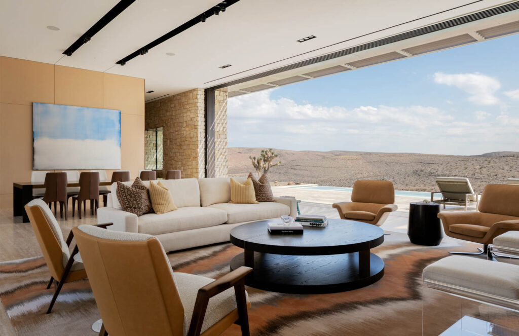 a modern interior framed by travertine floors, stucco ceilings, and reconstituted wood veneer vertical panels