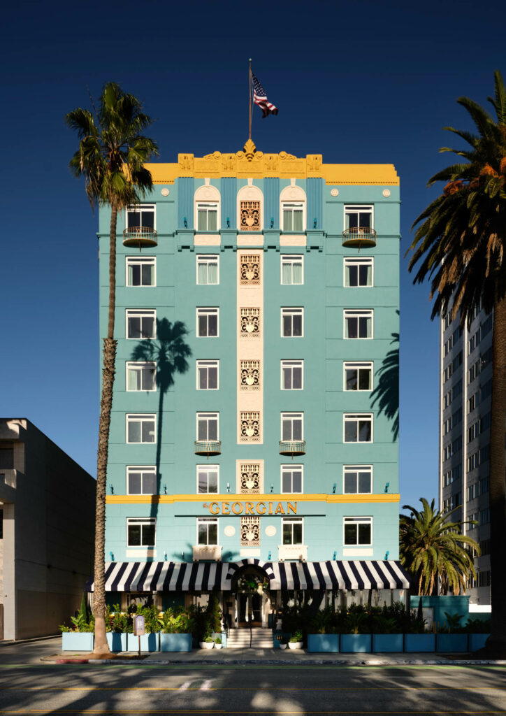 the exterior of the Georgian Hotel, a historic Santa Monica oceanfront hotel