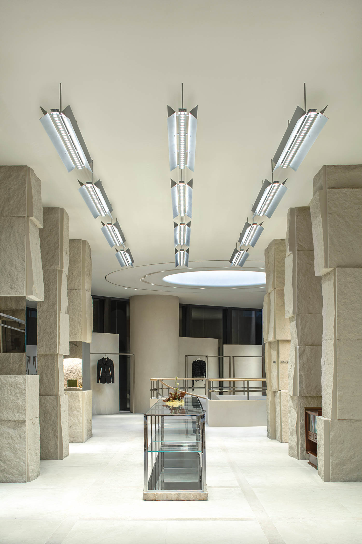 stone columns are found throughout this women's luxury clothing store