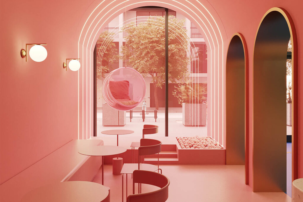Pink interiors of a gelato shop in Doha