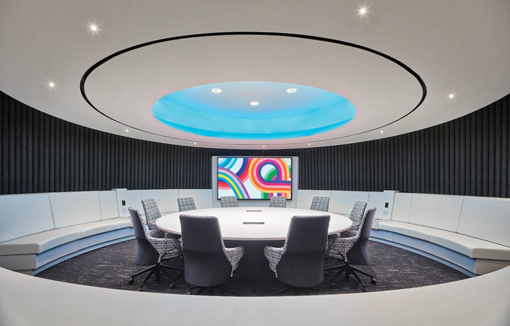 A built-in banquette encircling the boardroom. 