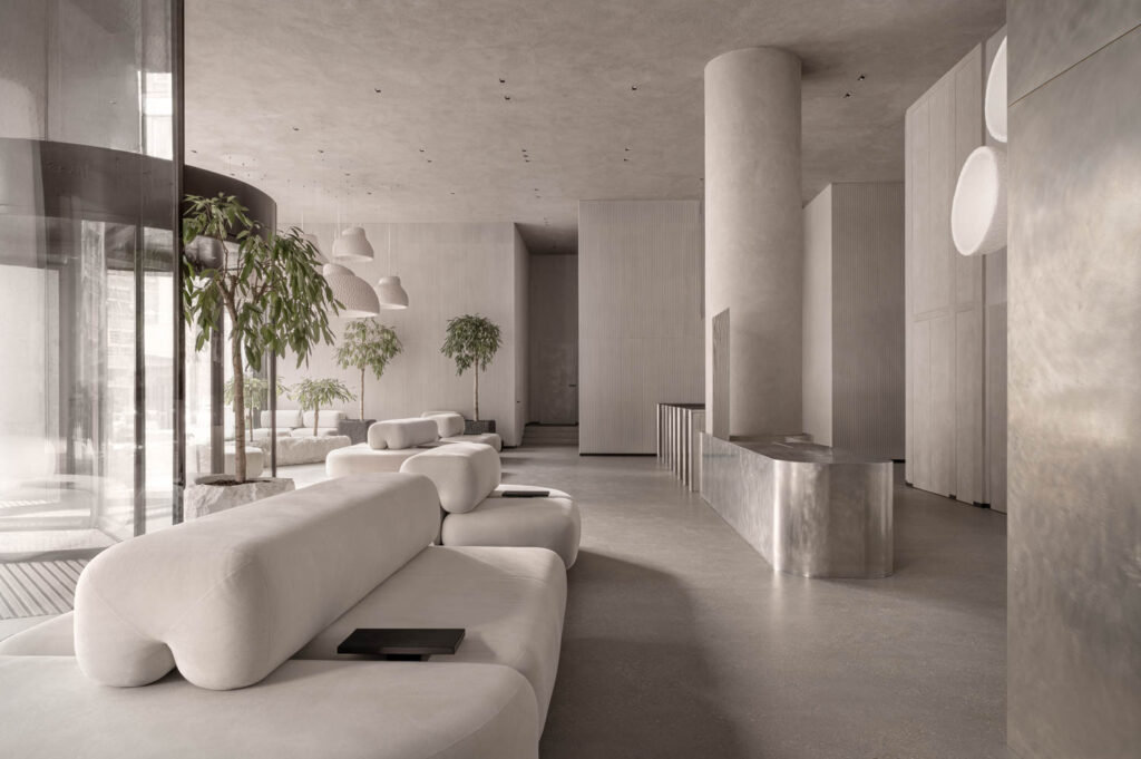 the lobby of Unit Space in Kyiv in shades of grey